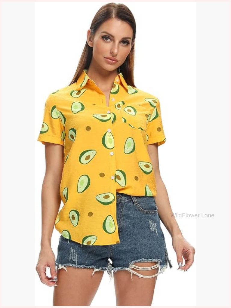 Women's Hawaiian Button Down Shirt Short Sleeve Casual Tropical Summer Top